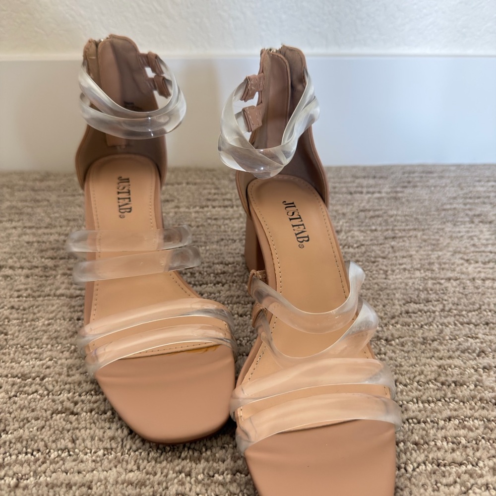 JustFab Black Heel Clear Strap Dress Sandals — Size 7